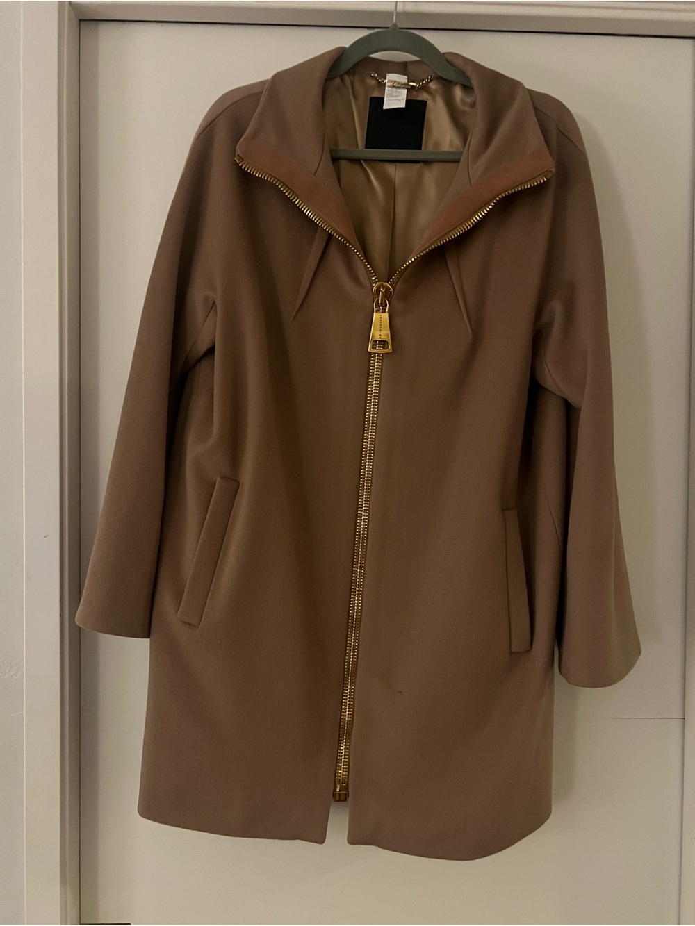 Zip-Front Taupe Trench Coat with Gold Hardware
